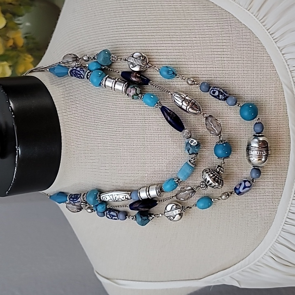AVON 3 tier blue and silver colored beads